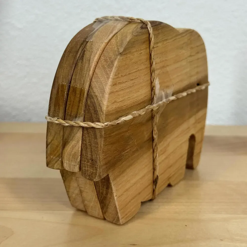 Wooden Elephant-Shaped Coaster Set of 3 Leave‎ Inlay Teak Wood NIB